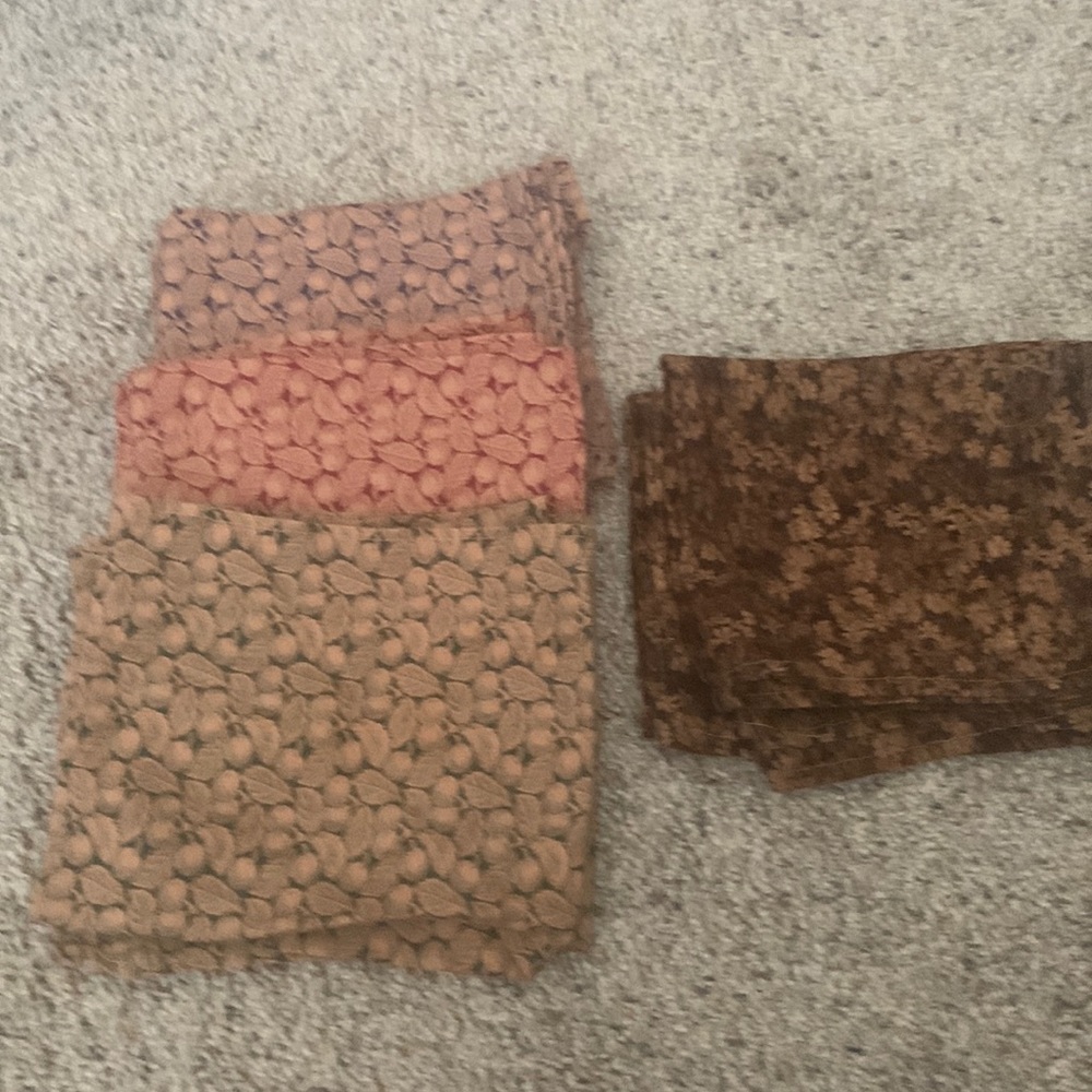 12 Fall small cotton napkins. Leaf pattern. Green, red, purple and brown.